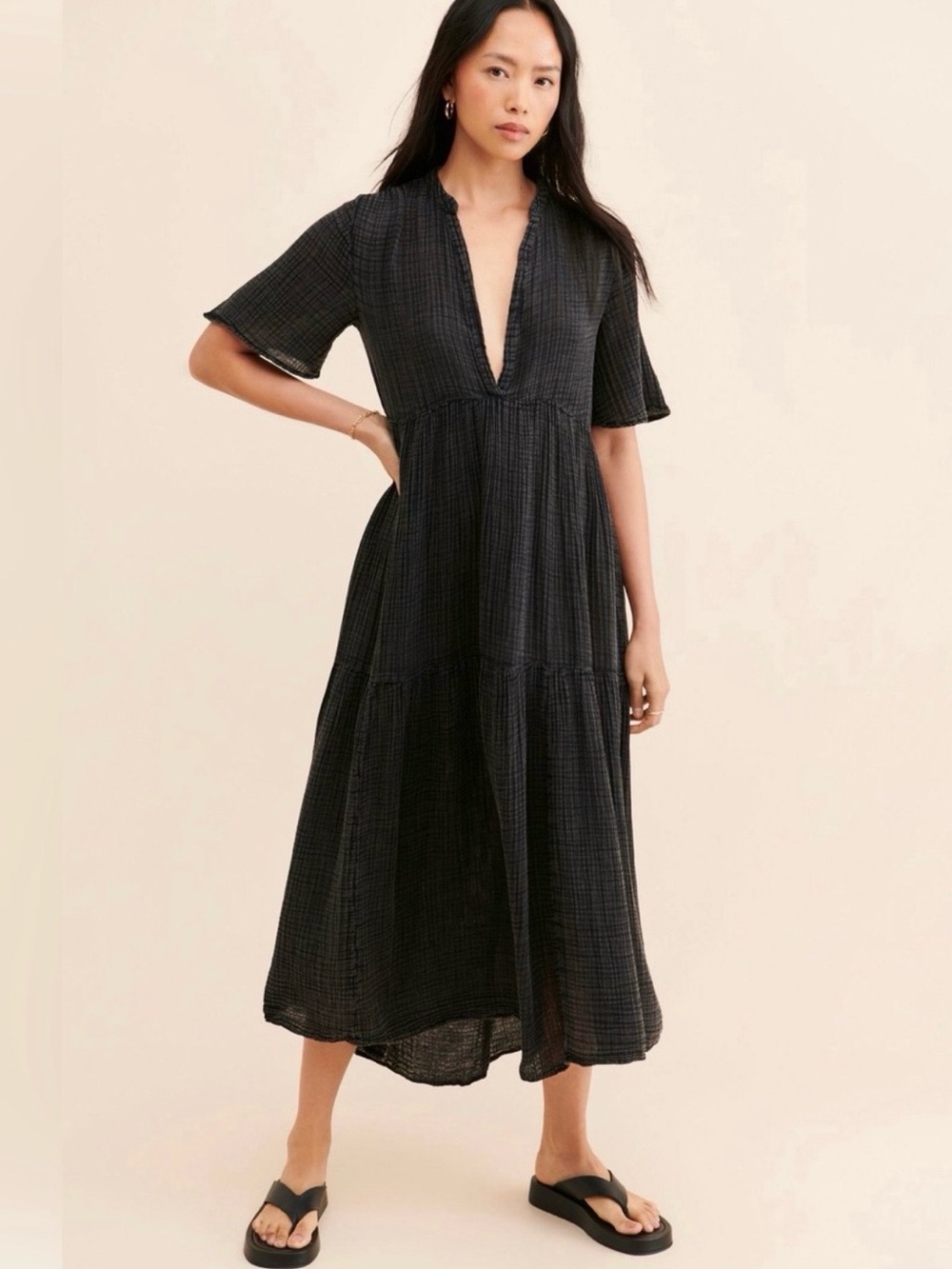 Black V-Neck Tiered Midi Dress